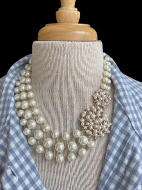 Anne Klein Gold and creamy  White Triple Strand Pearl & rhinestone  Necklace